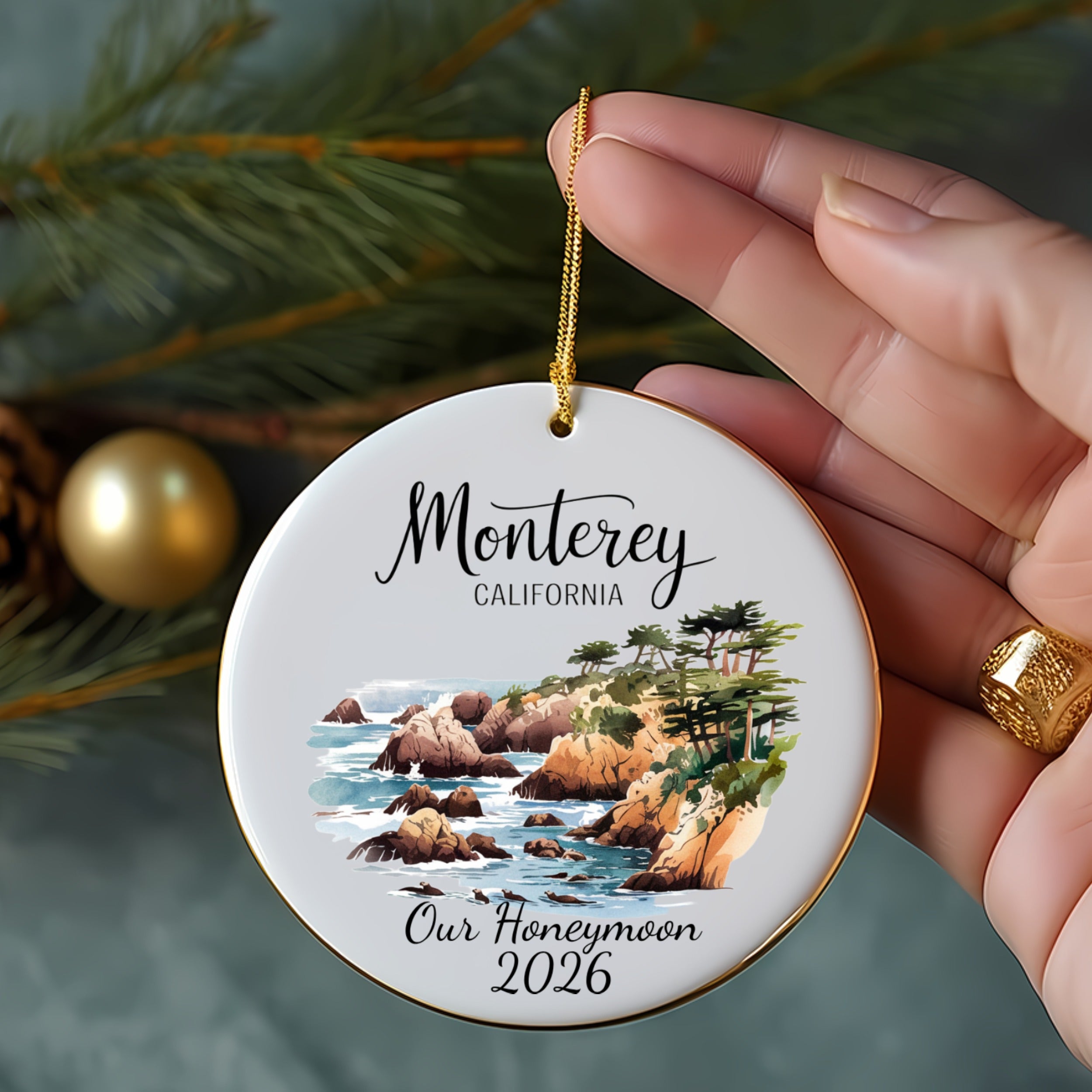 Round ceramic ornament with Monterey, California and "Our Honeymoon 2026" text.