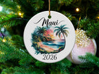 Round ornament with Maui beach scene and "2026" text.